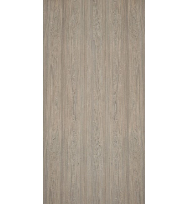Grey wood grain decorative laminate with vertical wood pattern and subtle texture, standard finish.