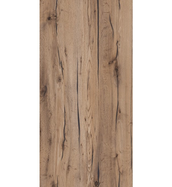 Brown wood grain decorative laminate with suede finish and textured surface showing natural wood pattern and dark grain lines