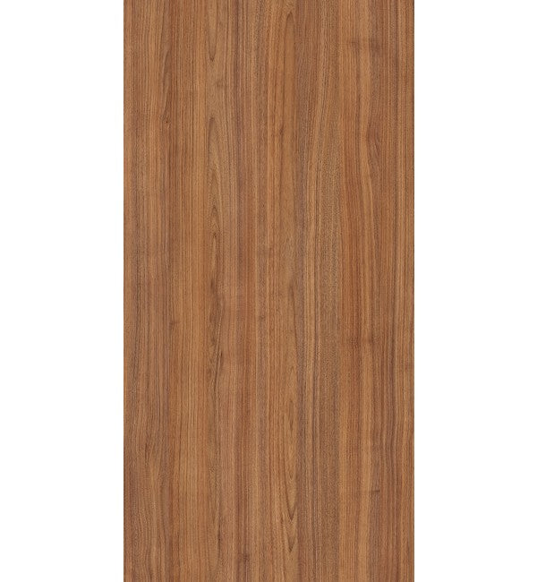 Brown wood grain decorative laminate with satin finish and vertical wood pattern texture