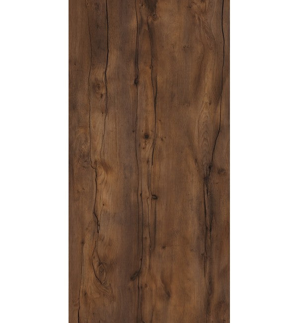 Brown wood grain decorative laminate with satin finish and textured pattern resembling natural wood.