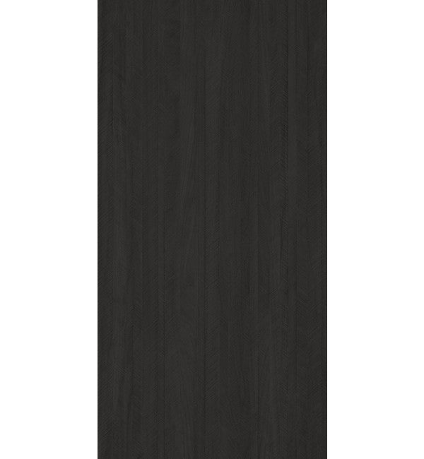 Black fluted decorative laminate with satin finish and vertical grooves, showing textured surface and subtle sheen.