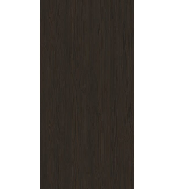 Dark brown wood grain decorative laminate with glossy finish and vertical wood texture pattern.