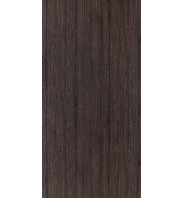Dark brown wood grain decorative laminate with glossy finish and vertical wood texture pattern.