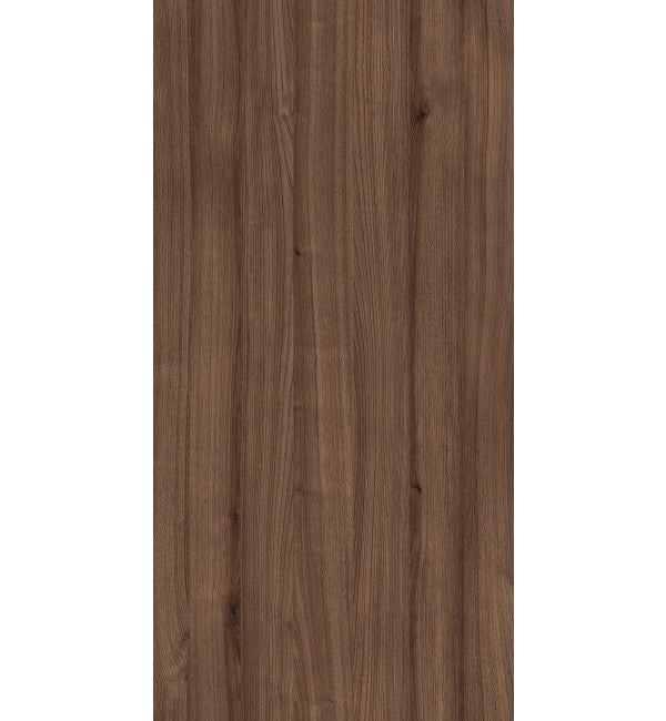 Brown wood grain decorative laminate with glossy finish and vertical wood pattern texture