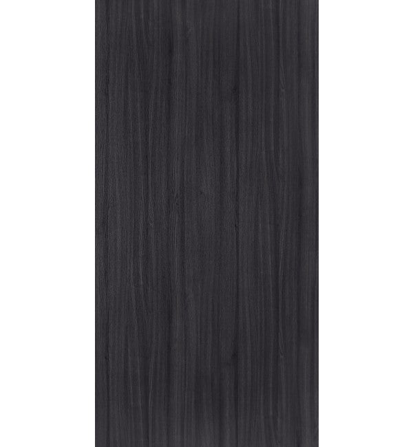 Black wood grain decorative laminate with barrel finish and vertical wood texture pattern.