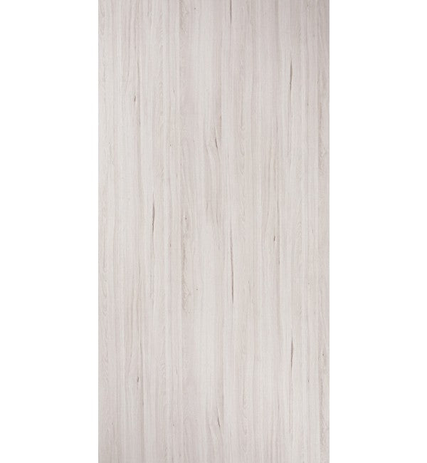 White wood grain decorative laminate with glossy finish and subtle texture visible in the vertical grain pattern.