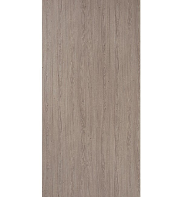 Grey wood grain decorative laminate with high gloss finish and vertical wood pattern texture