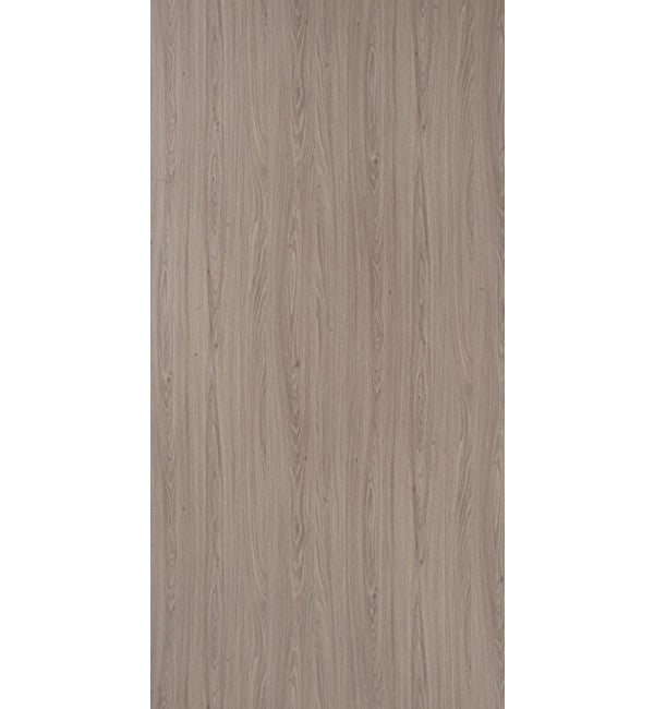 Grey wood grain decorative laminate with glossy finish and vertical wood pattern texture