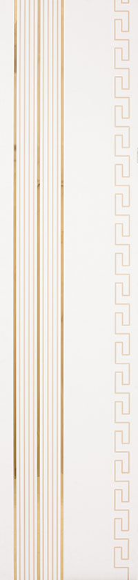 White designer wall panel with vertical gold stripes and geometric pattern, textured finish, louver design element for