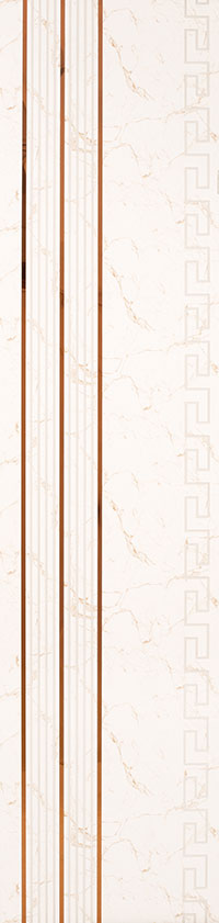 Ivory designer wall panel with textured marble pattern and golden vertical stripes and Greek key border design