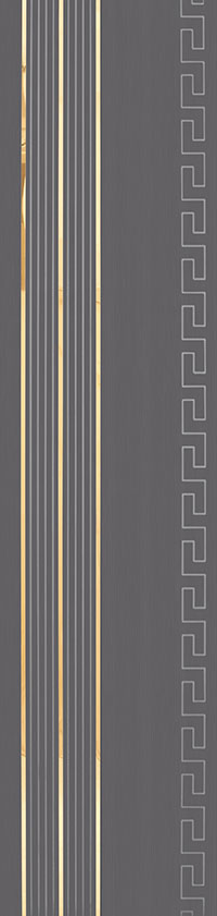Grey designer louver panel with textured finish, featuring vertical stripes and Greek key pattern on the edge.
