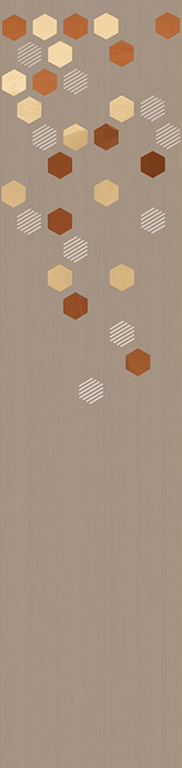 Beige textured designer wall panel with hexagonal pattern and beige brown accents in varying shades and diagonal stripes.