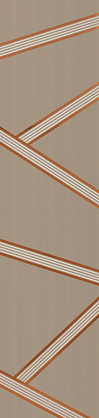 Brown designer wall panel with textured finish and diagonal striped pattern in white and orange hues on beige background
