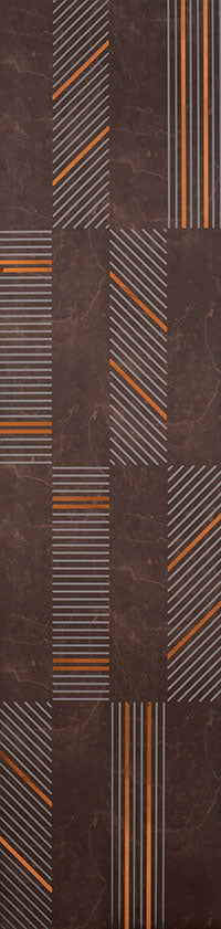 Brown louver wall panel with textured finish and diagonal striped pattern in orange and grey accents on marble-like