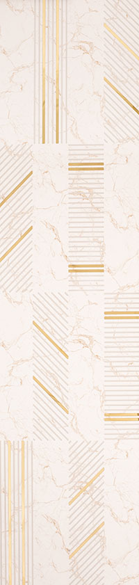 Gold and white designer louver panel with textured marble pattern and diagonal striped design elements in varying widths and