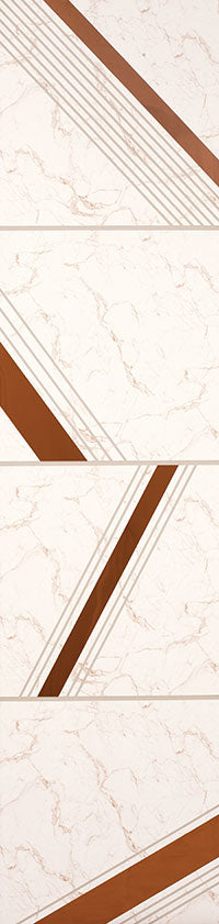 Beige marble louver panel with copper stripes and textured finish, showing diagonal pattern and veining details.