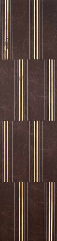 Brown designer louver panel with textured finish and gold stripes pattern, showing marbled effect and vertical slats