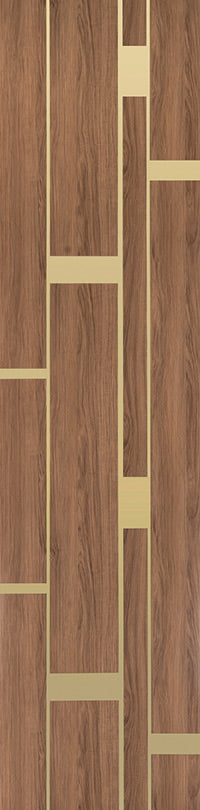 Brown wood grain louver panel with gold accents and textured finish.