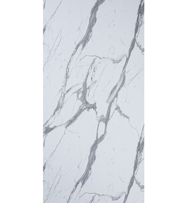 White marble laminate with grey veining and high gloss finish