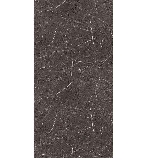 Dark grey marble laminate with white veining and high gloss finish.