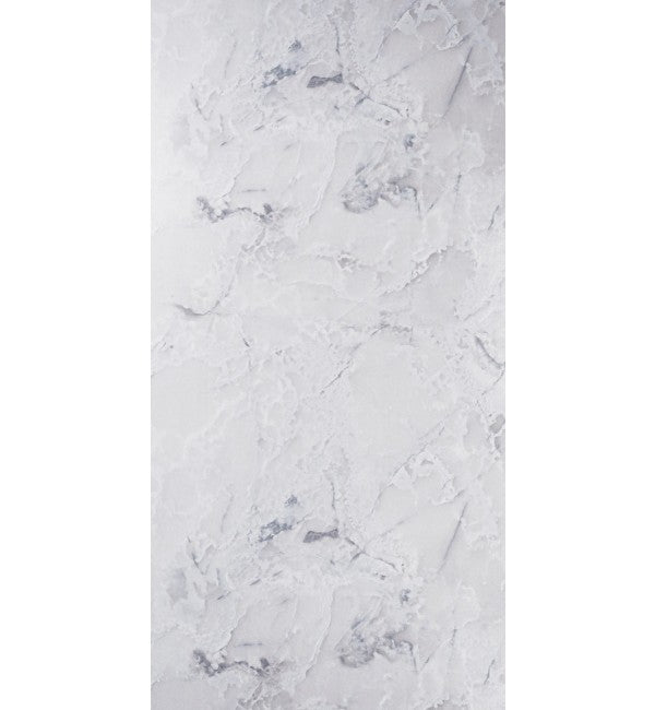 White marble laminate with glossy finish and textured pattern, showing veining and subtle grey accents.