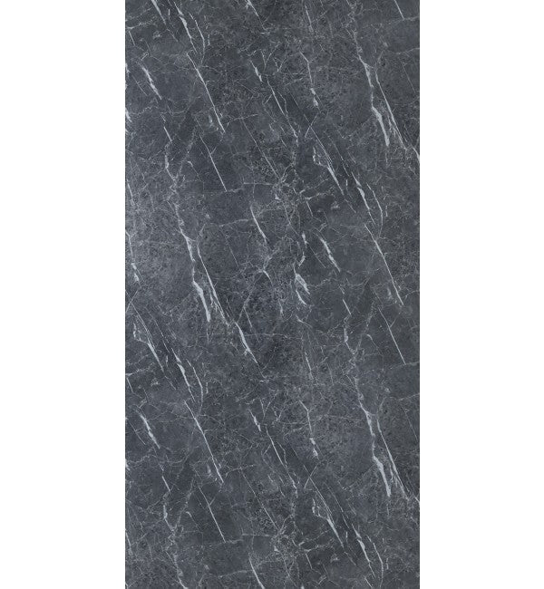Grey marble laminate with white veining and high gloss finish showing diagonal pattern and textured surface.
