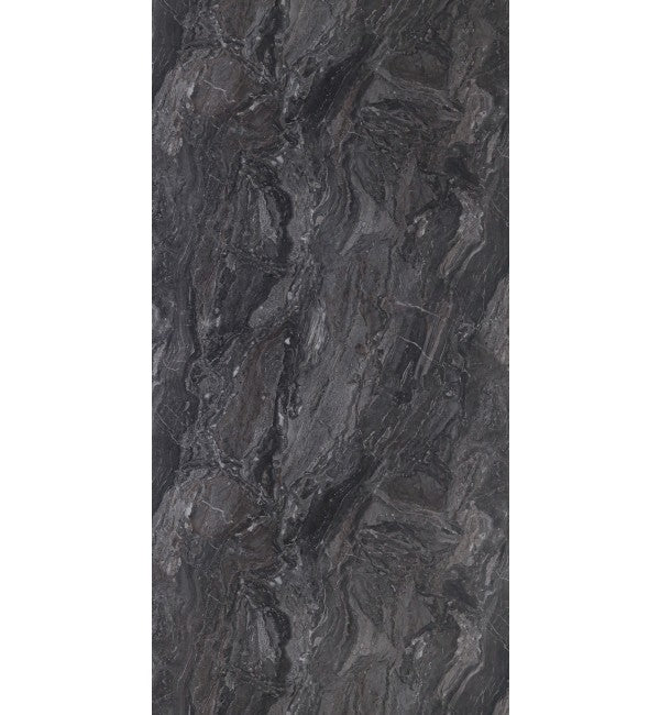 Dark grey marble laminate with glossy finish and swirling pattern, showing veining texture and high sheen decorative stone