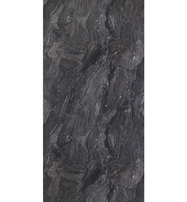 Dark grey marble laminate with glossy finish and swirling pattern.