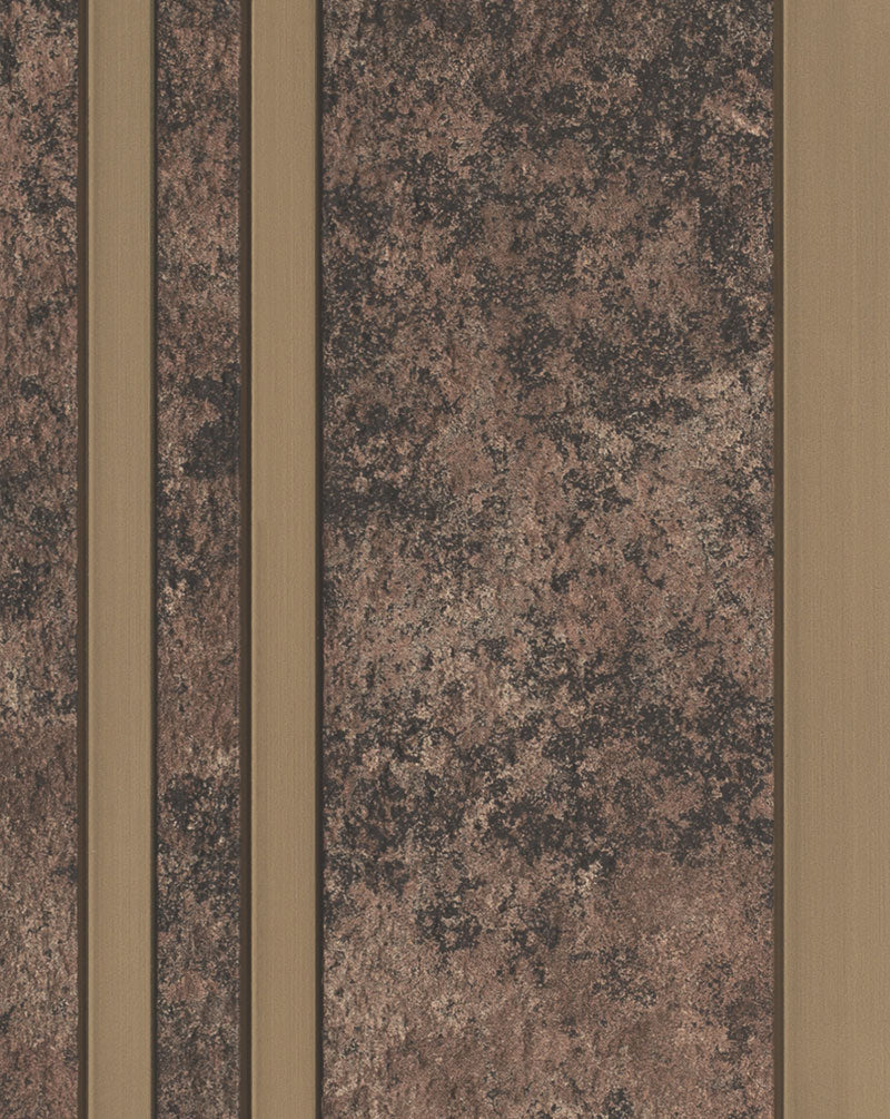 Brown marble wall panel with textured finish and vertical slats, featuring a mottled pattern and beige accents.