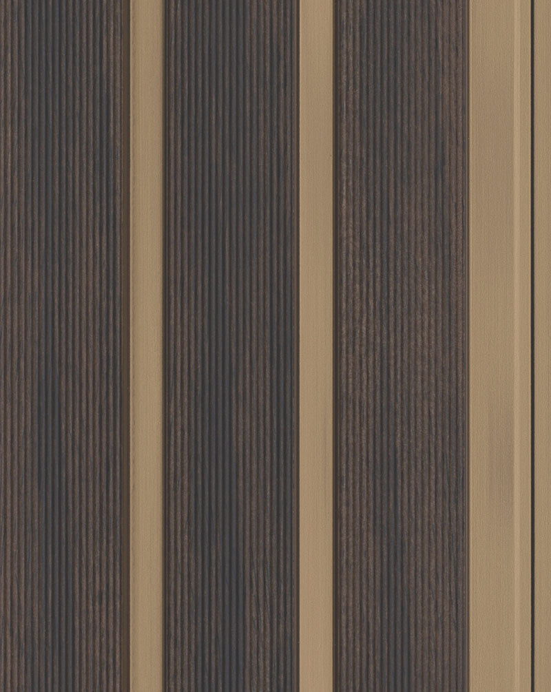 Brown fluted wall panel with textured finish and vertical stripes, featuring alternating dark brown and beige colors.