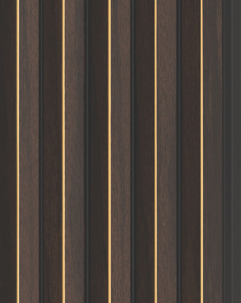 Brown wood louver panel with textured finish and visible wood grain on vertical slats with narrow gaps between them
