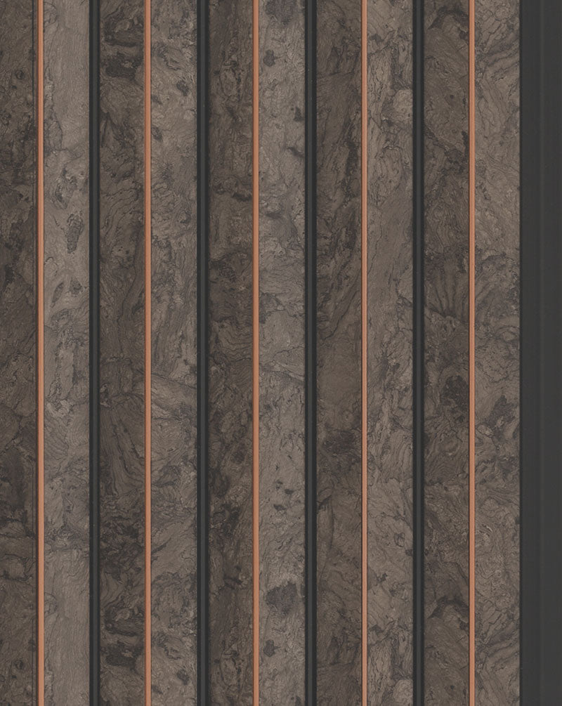 Grey wood louver panel with textured finish and marbled pattern, featuring vertical slats with dark edges and light trim.