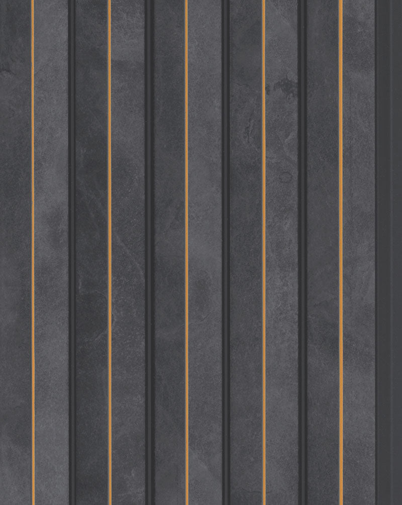 Grey wood louver panel with textured finish and vertical slats, showing wood grain pattern and subtle sheen.