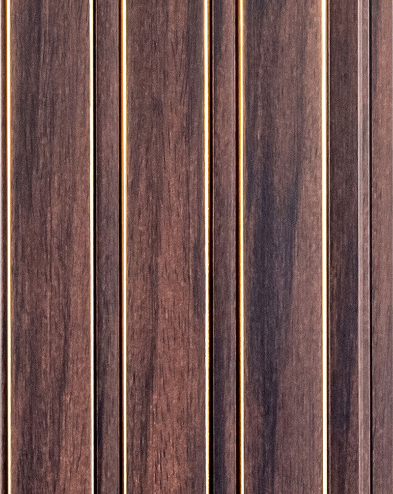 Brown wood wall panel with textured finish and vertical wood grain pattern, showing louver design with narrow gaps.