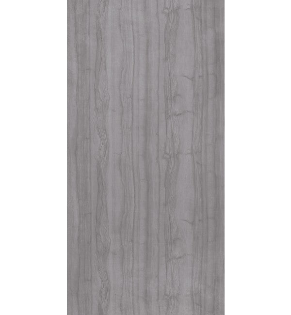 Grey wood grain decorative laminate with high gloss finish and wood texture pattern visible in vertical lines.