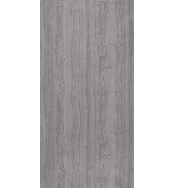 Grey wood grain decorative laminate with high gloss finish and wood texture visible in vertical pattern.