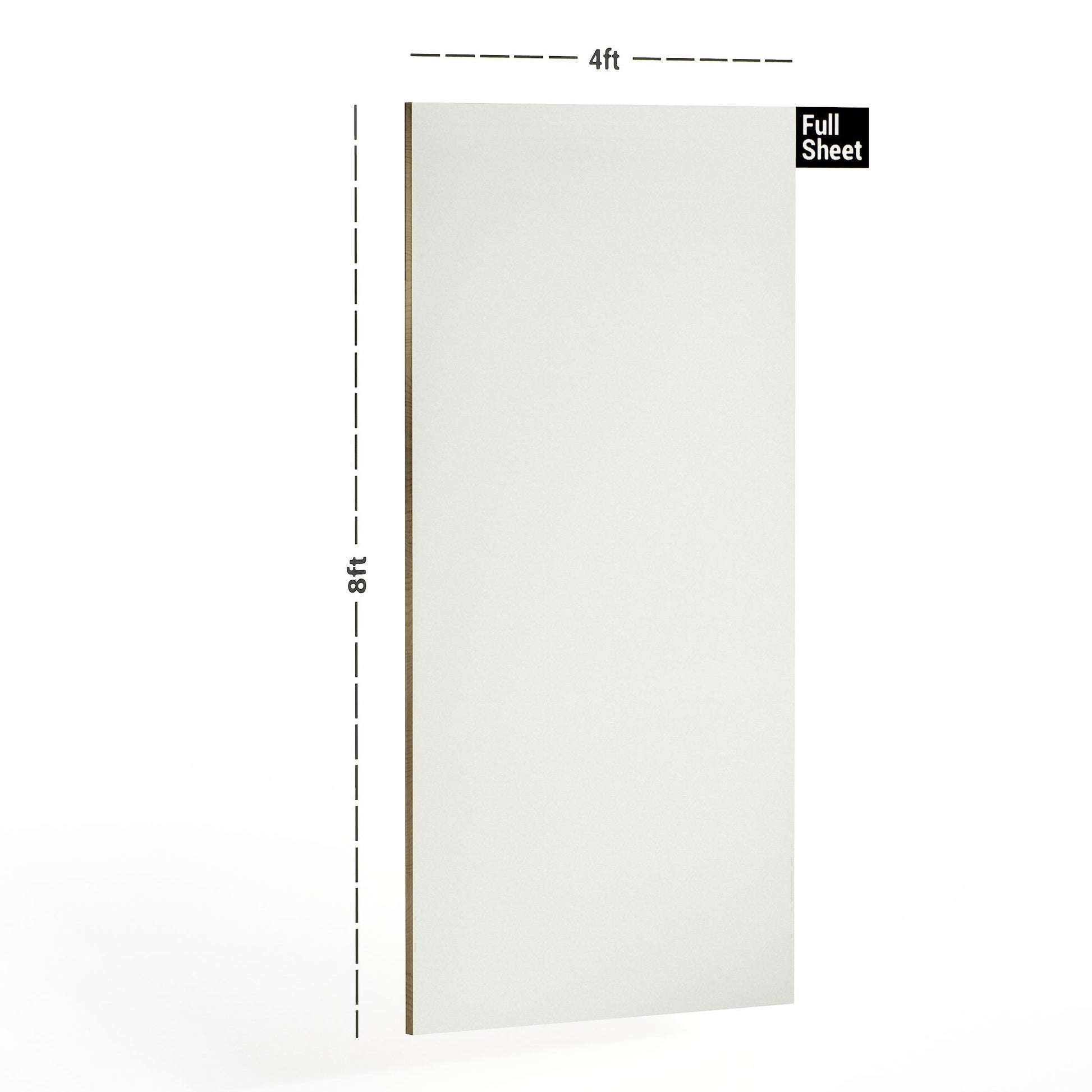 White plain laminate sheet with suede finish, 8x4 ft size, shown with dimensions and full sheet label.