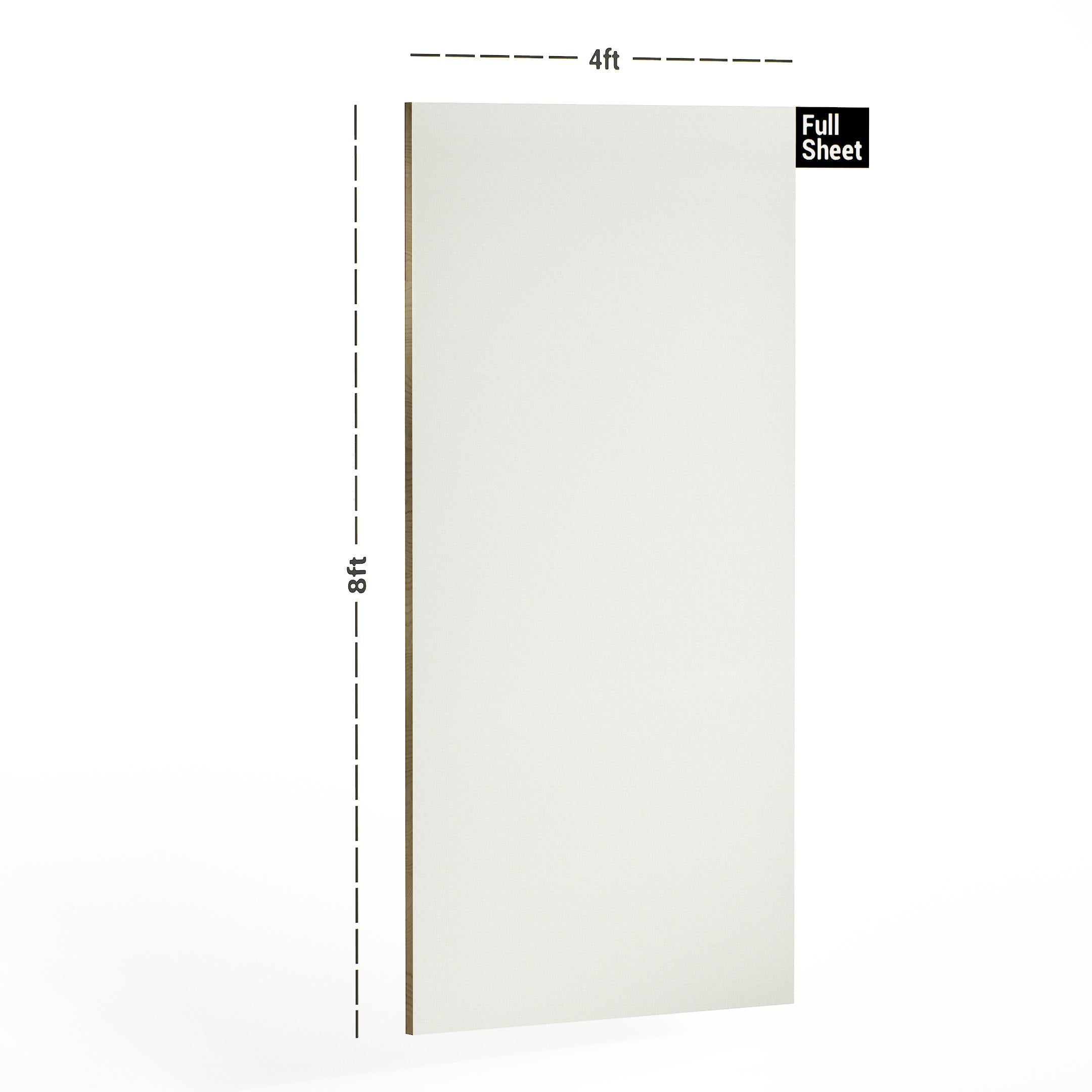 White plain laminate sheet with suede finish, 8x4 ft size, shown with dimensions and full sheet label.