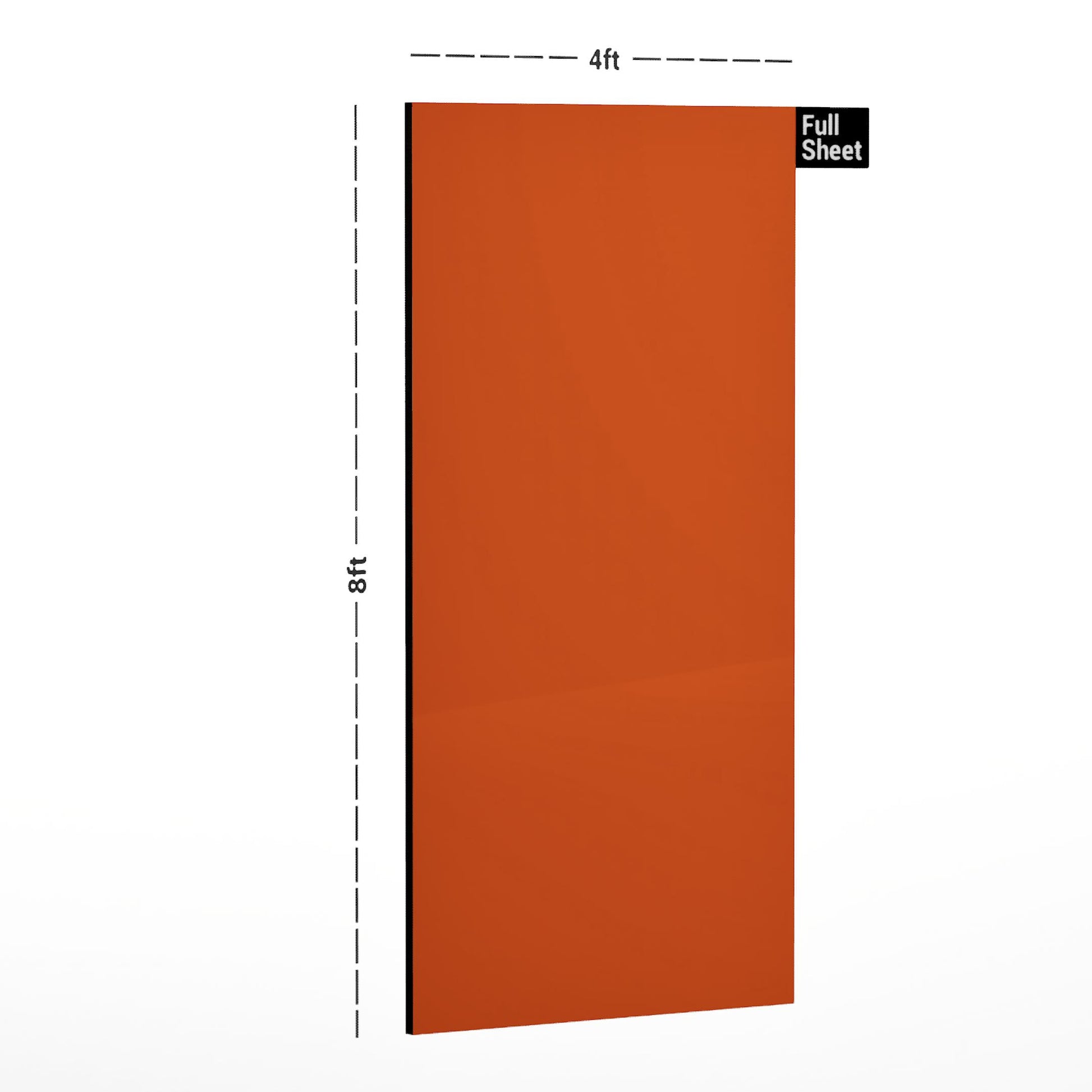 Orange plain laminate sheet with suede finish, 8x4 ft size, shown in a digital illustration with dimensions. Revised to: