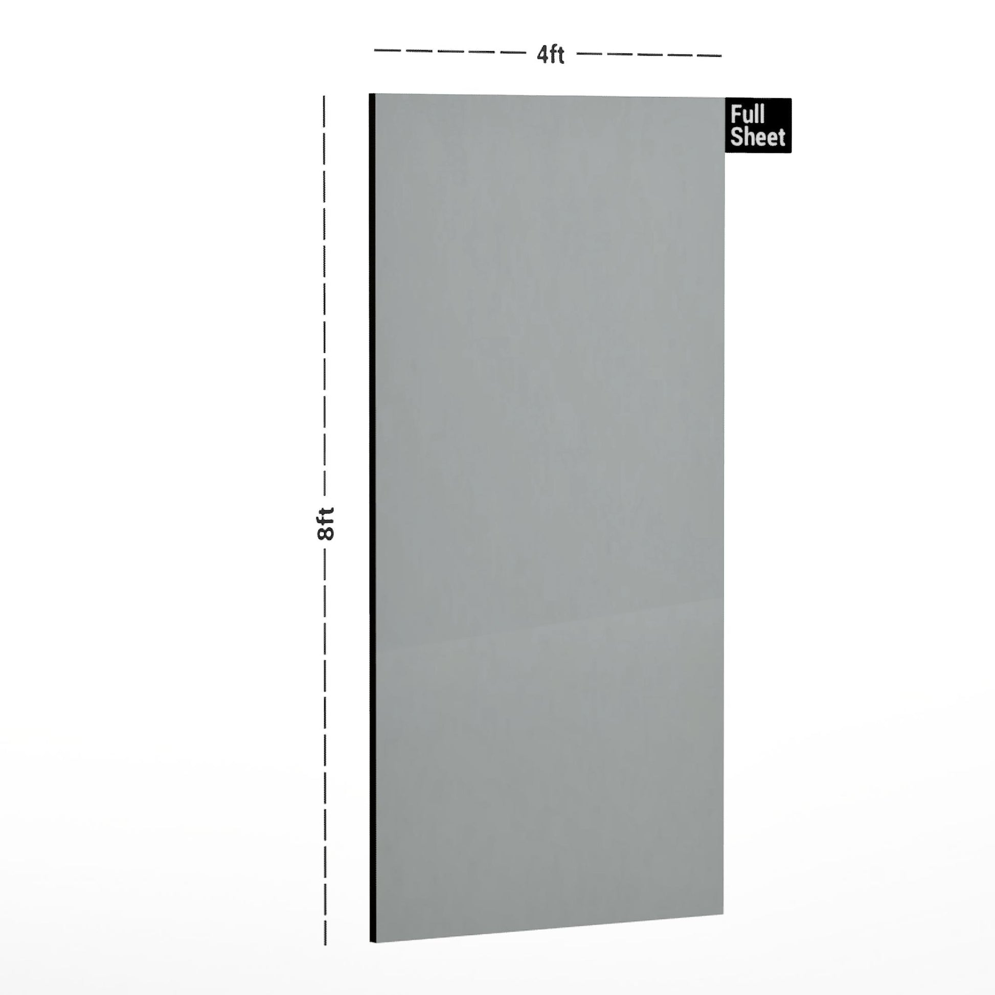 Grey plain laminate sheet with high gloss finish, 8x4 ft size, illustrated with dimensions and labeled Full Sheet.
