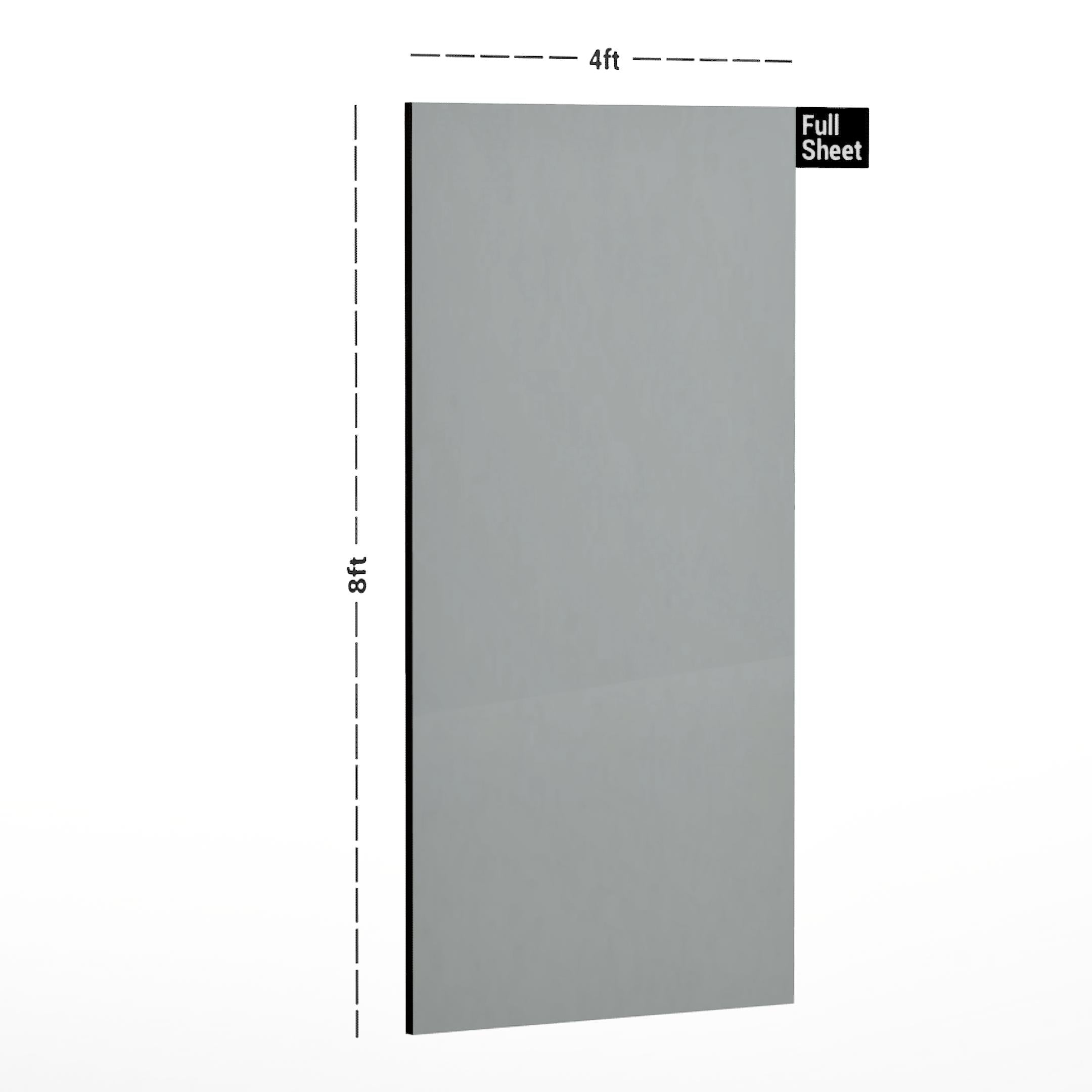 Grey plain laminate sheet with high gloss finish, 8x4 ft size, illustrated with dimensions and labeled Full Sheet.