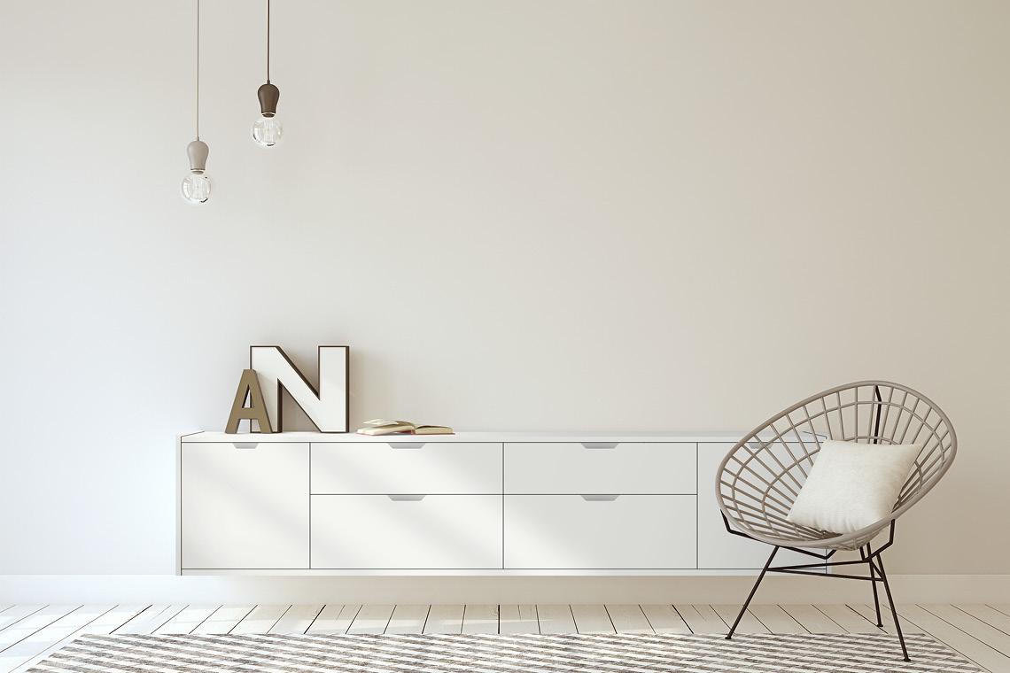 White plain laminate wall with minimal decor, textured finish, and clean lines in a serene interior setting.