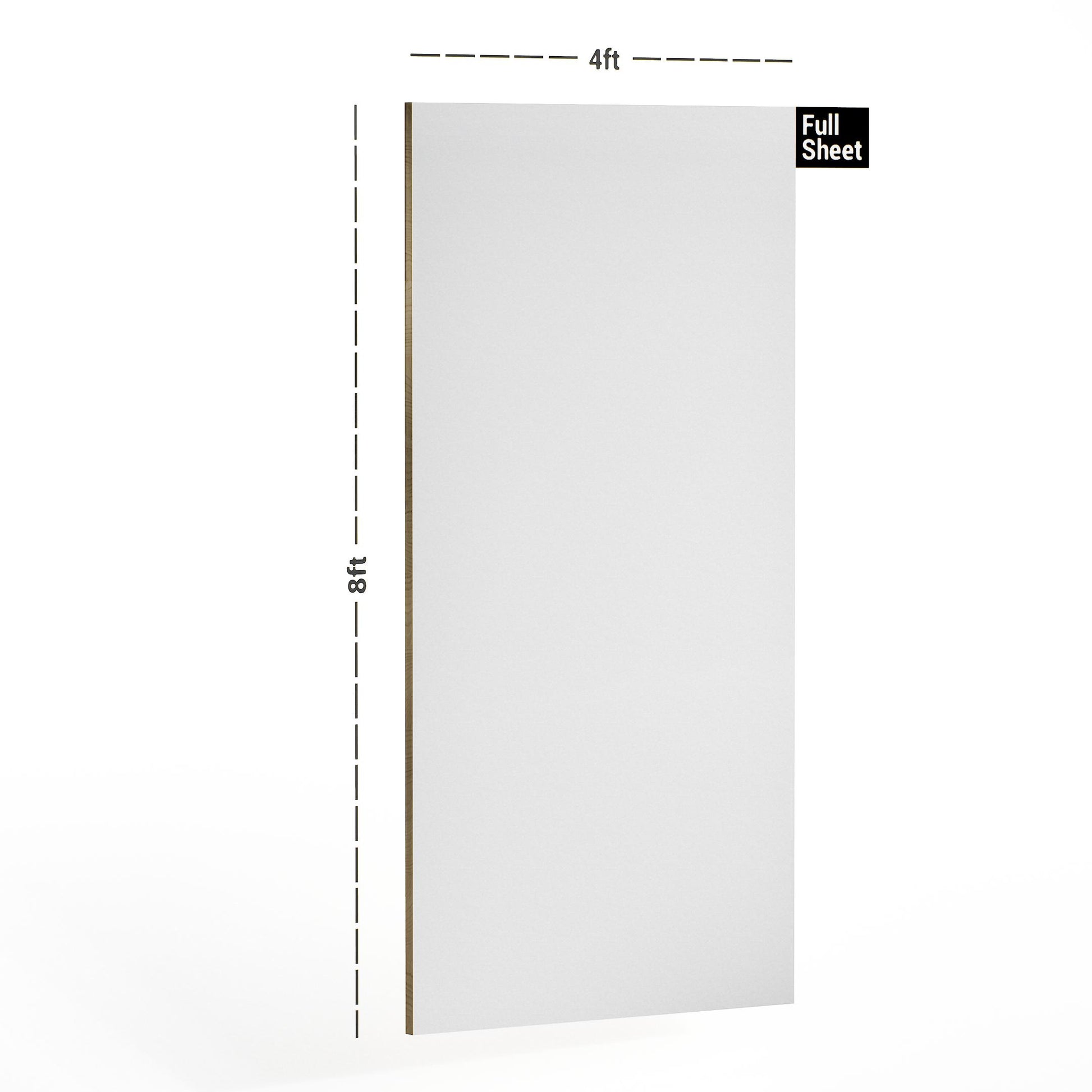 White plain laminate sheet with texture finish, 8x4 ft size, shown with dimensions and full sheet label.