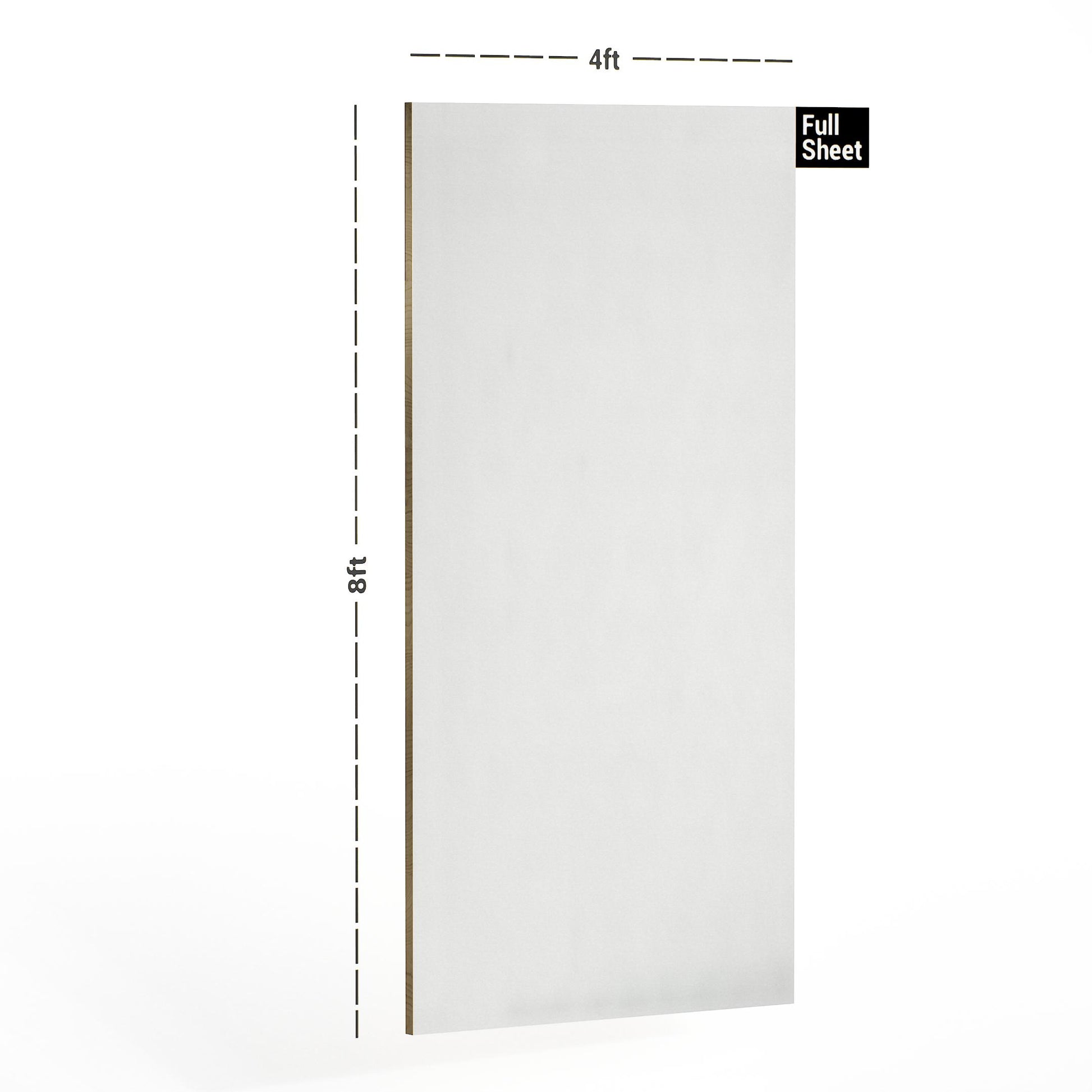 White plain laminate sheet with textured finish, 8x4 ft size, shown with dimensions and labeled Full Sheet.