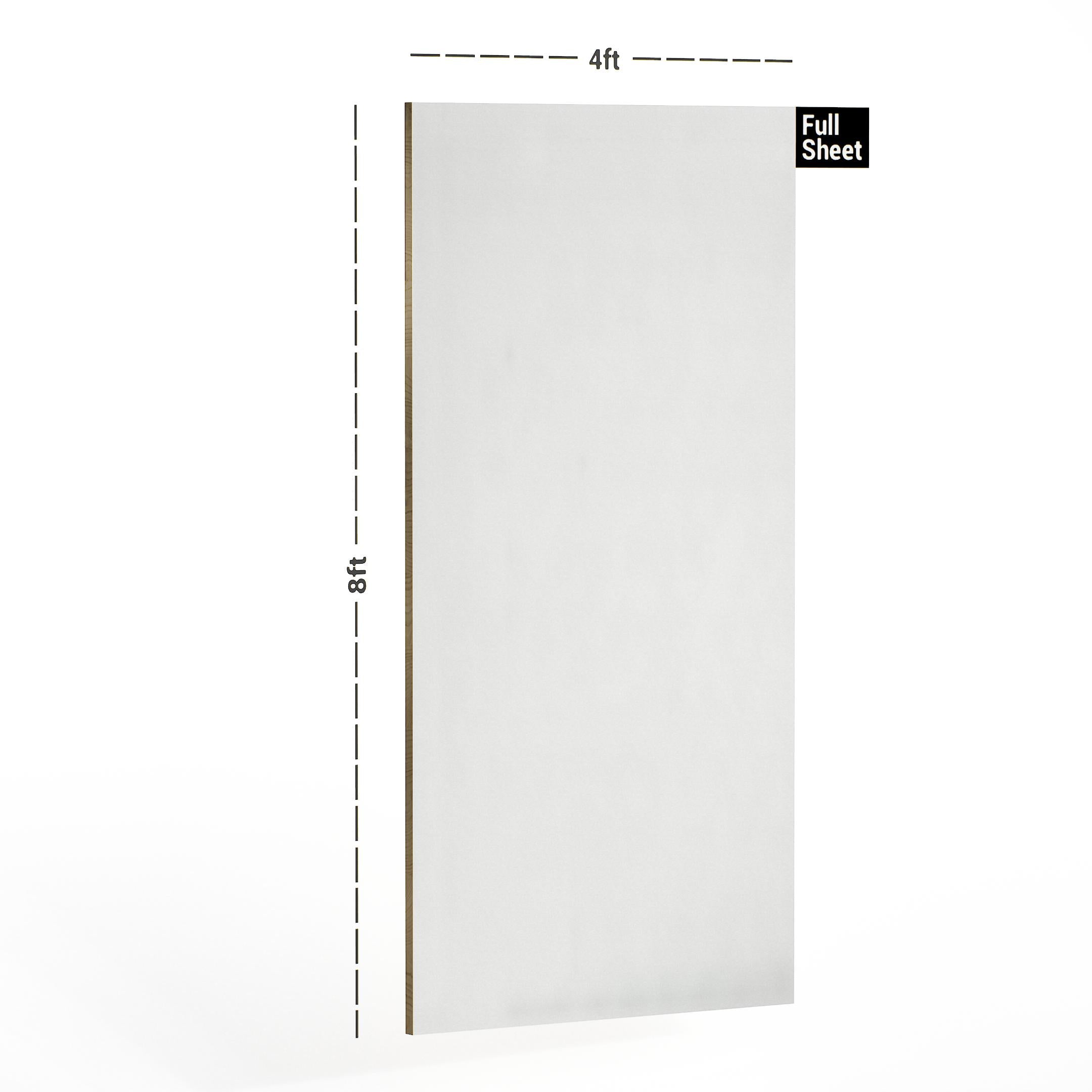 White plain laminate sheet with textured finish, 8x4 ft size, shown with dimensions and labeled Full Sheet.