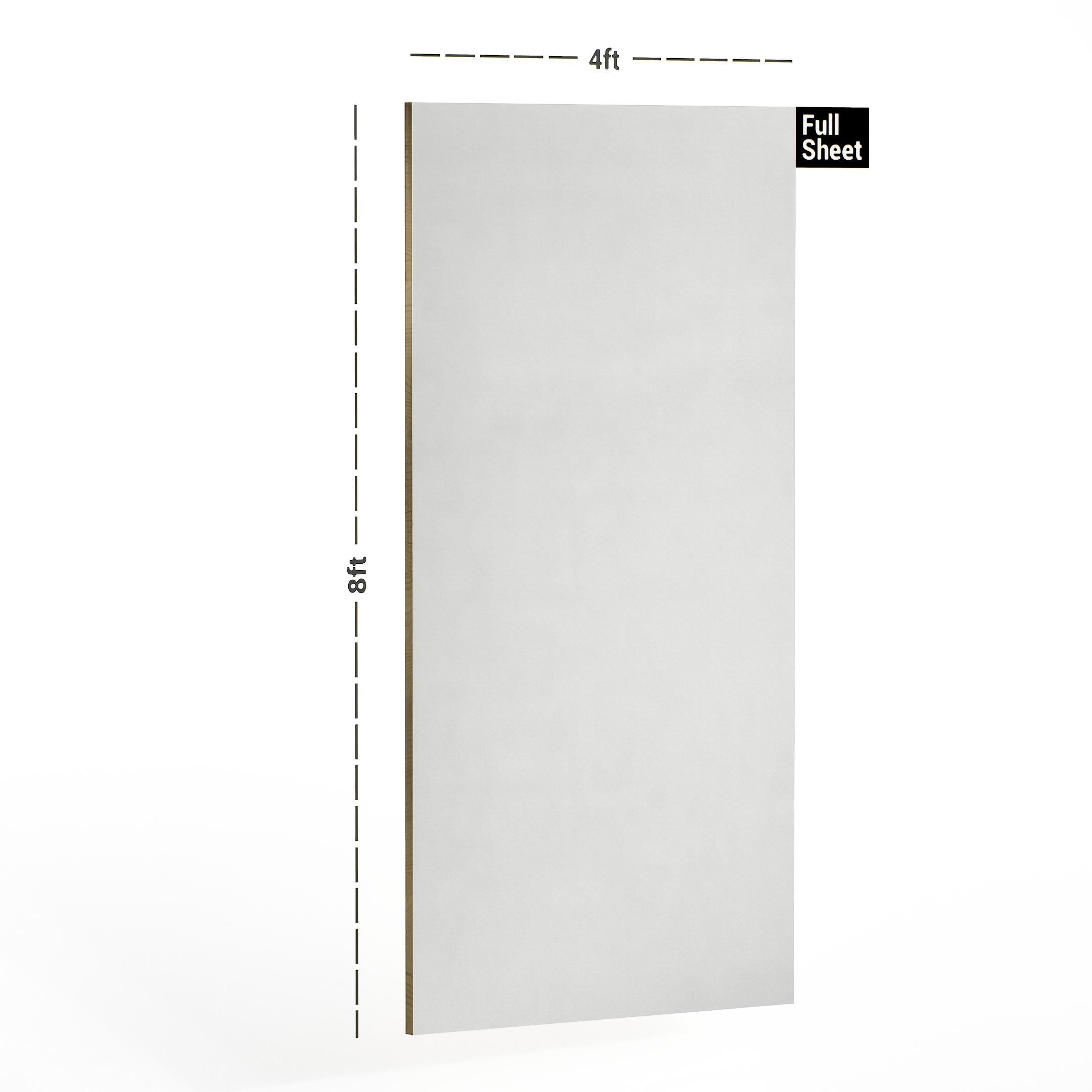White plain laminate sheet with textured finish, 8x4 ft size, shown with dimensions and full sheet label.