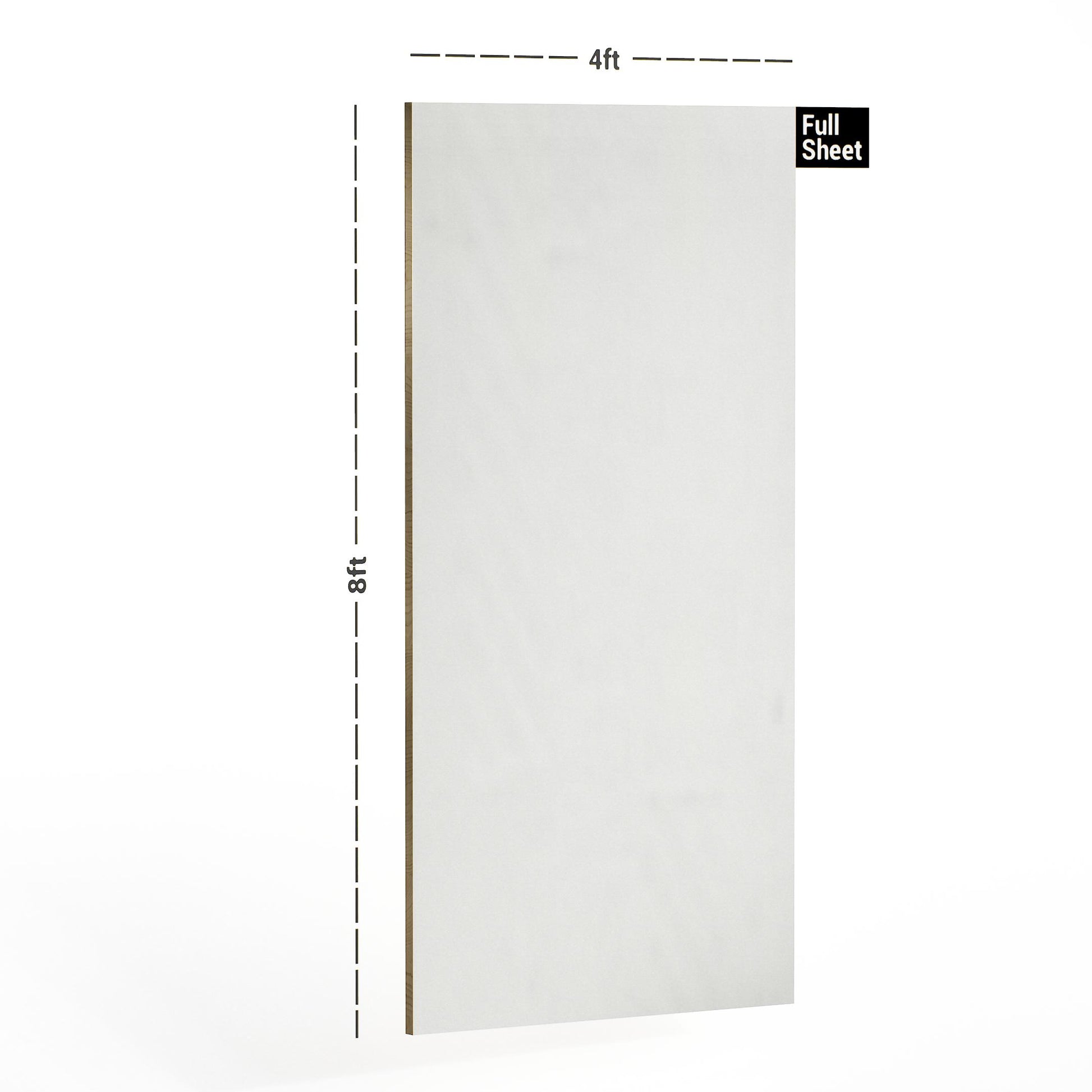 White plain laminate sheet with textured finish and dimensions 8x4 ft displayed with measurement markings.