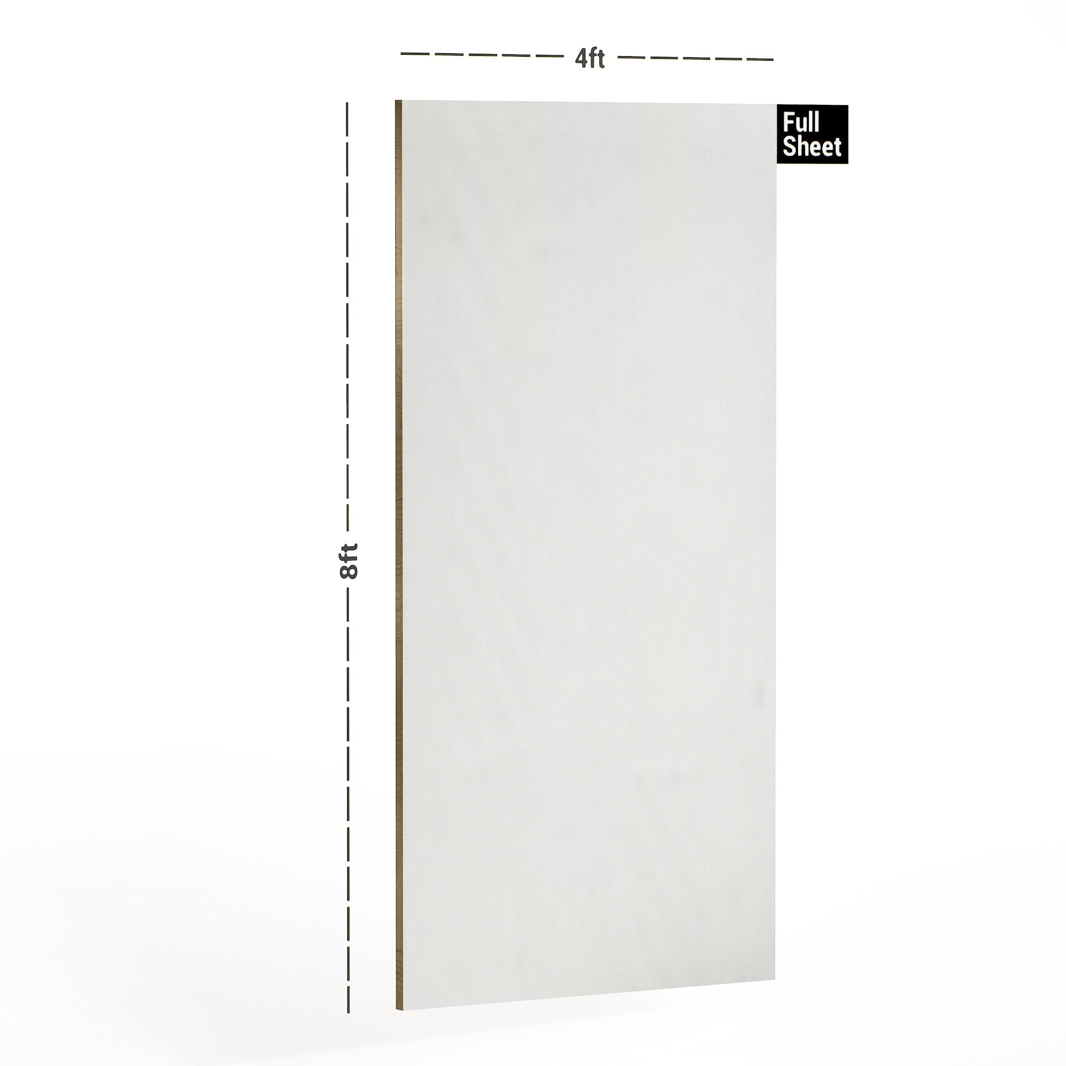 White plain laminate sheet with textured finish and dimensions 8x4 ft displayed with measurement markings.