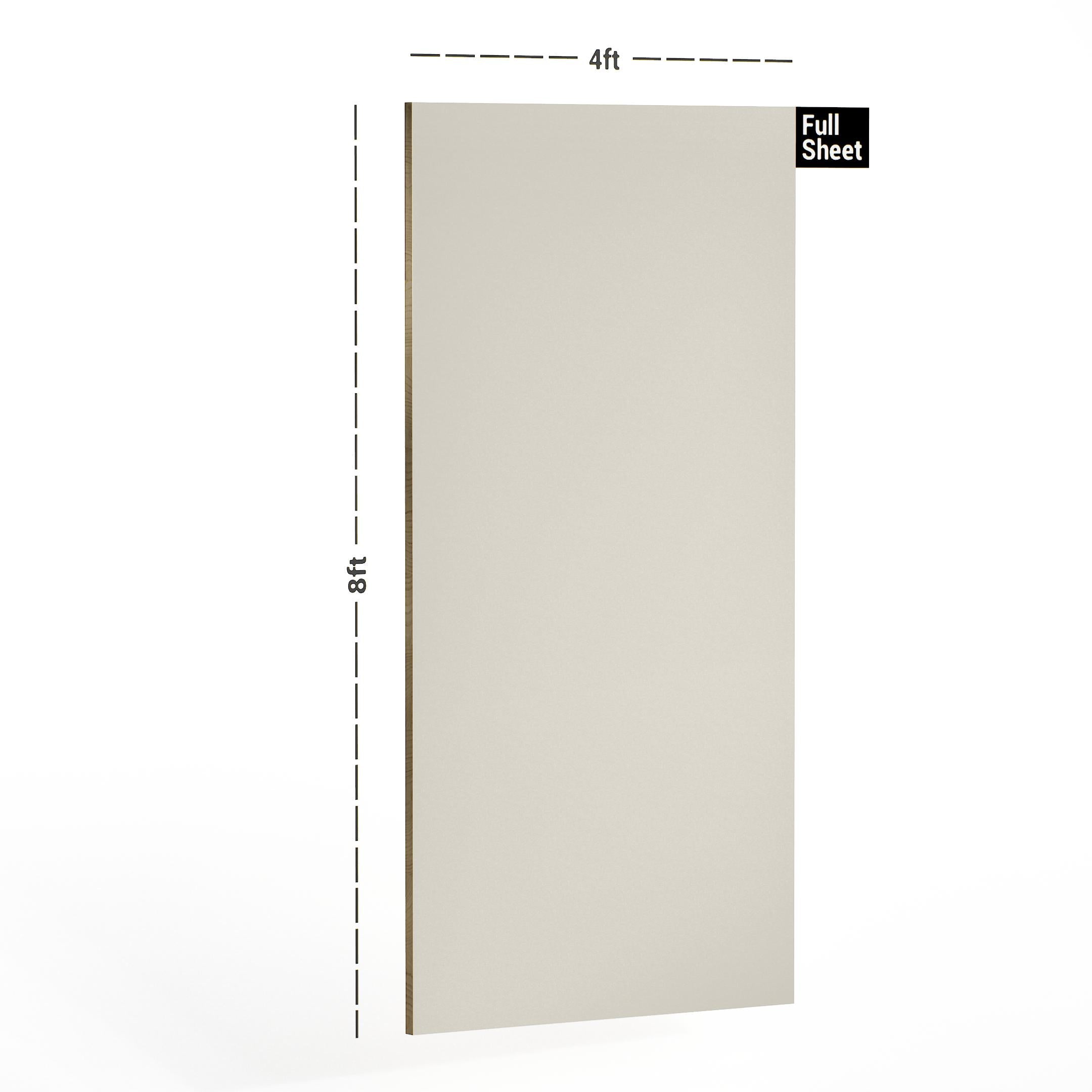 Ivory plain laminate sheet with suede finish and smooth texture, 8x4 ft size displayed with dimensions.