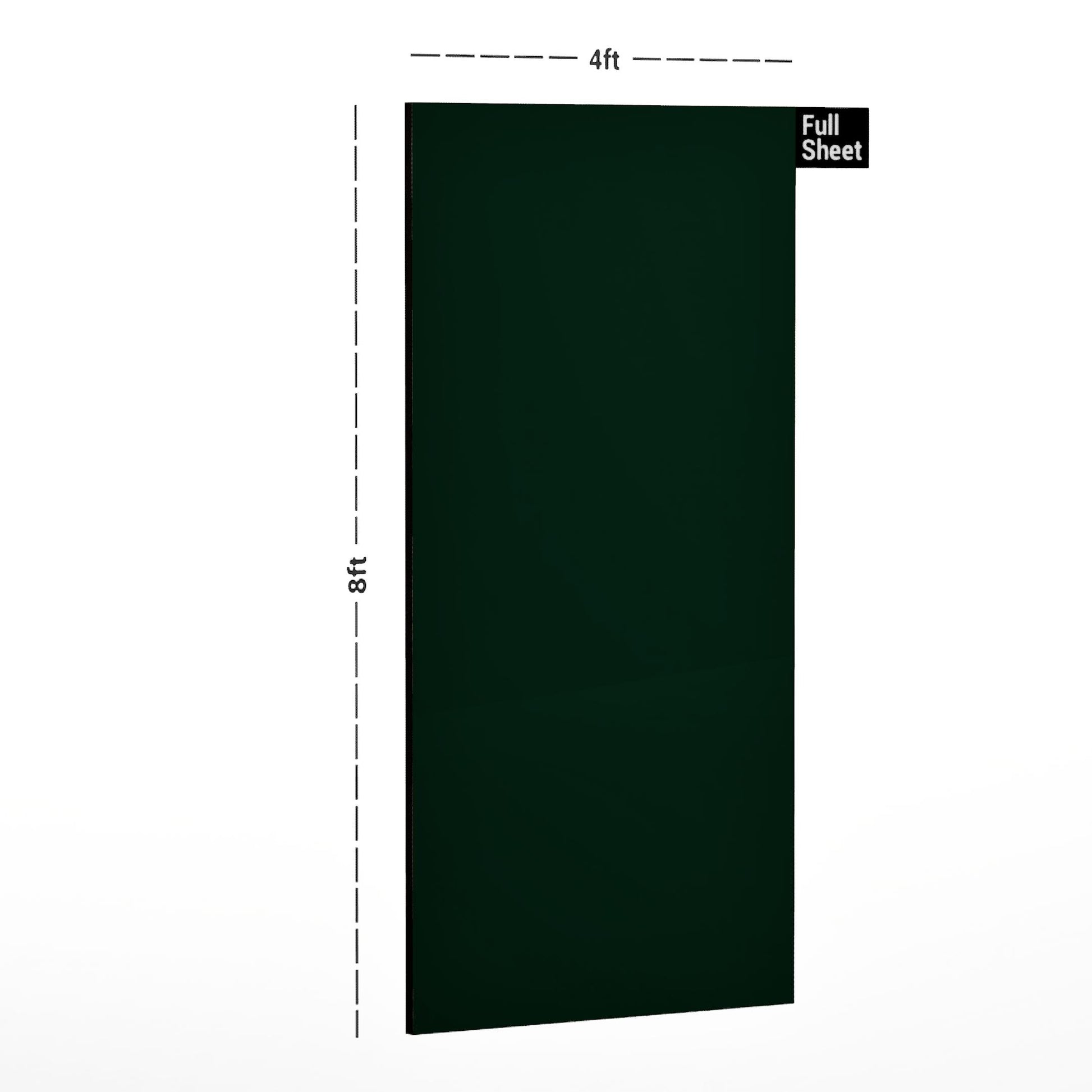 Dark green plain laminate sheet with high gloss finish and dimensions 8x4 ft displayed with measurement markings.